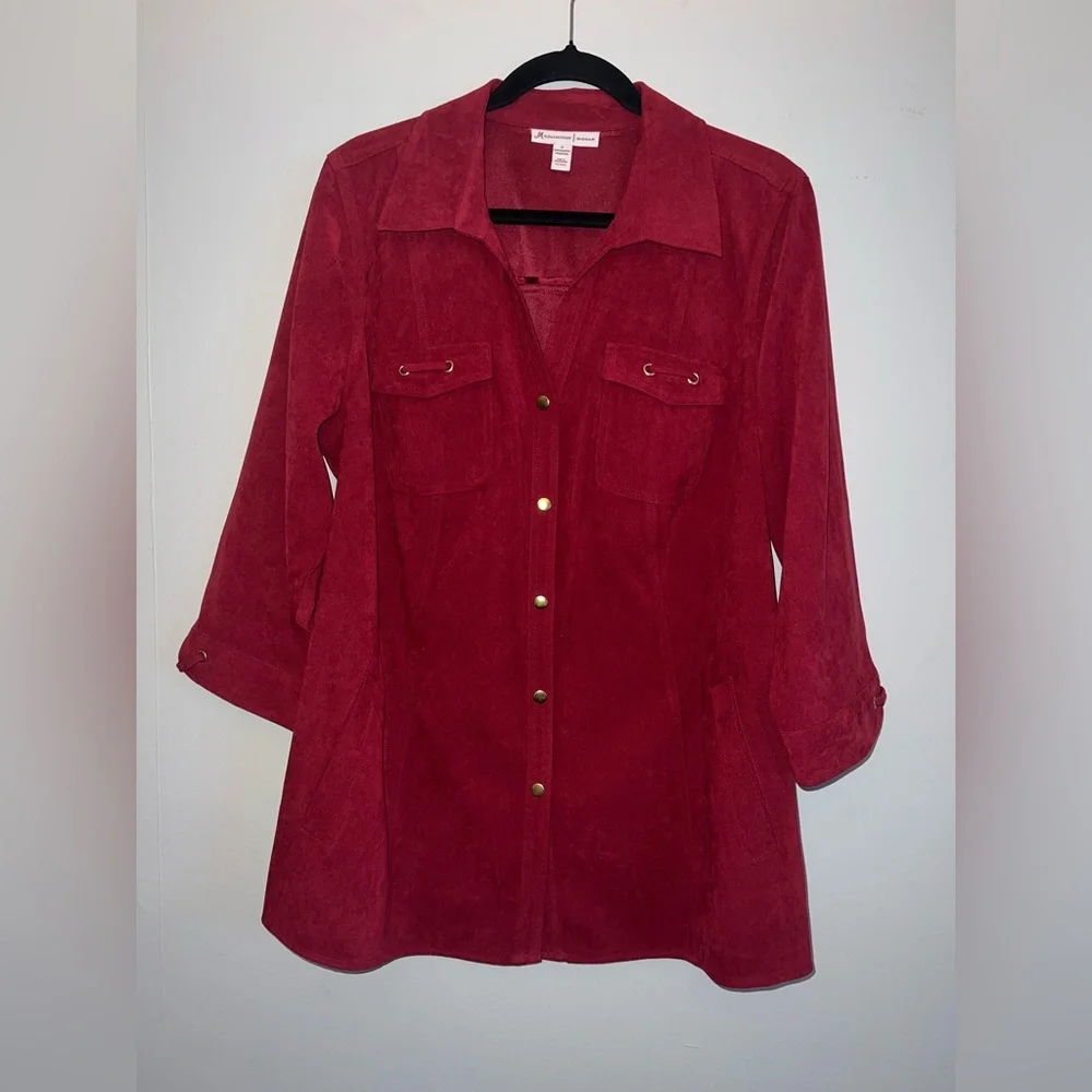 JM COLLECTION Women’s ¾ Sleeve Pockets Stretch Sueded Snap Button plus size 1X ✨ - Picture 2 of 7